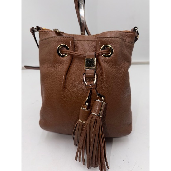 Michael Kors Handbags - Michael Kors Brown Pebbled Leather Tassel Drawstring Crossbody Bag Acorn Gold